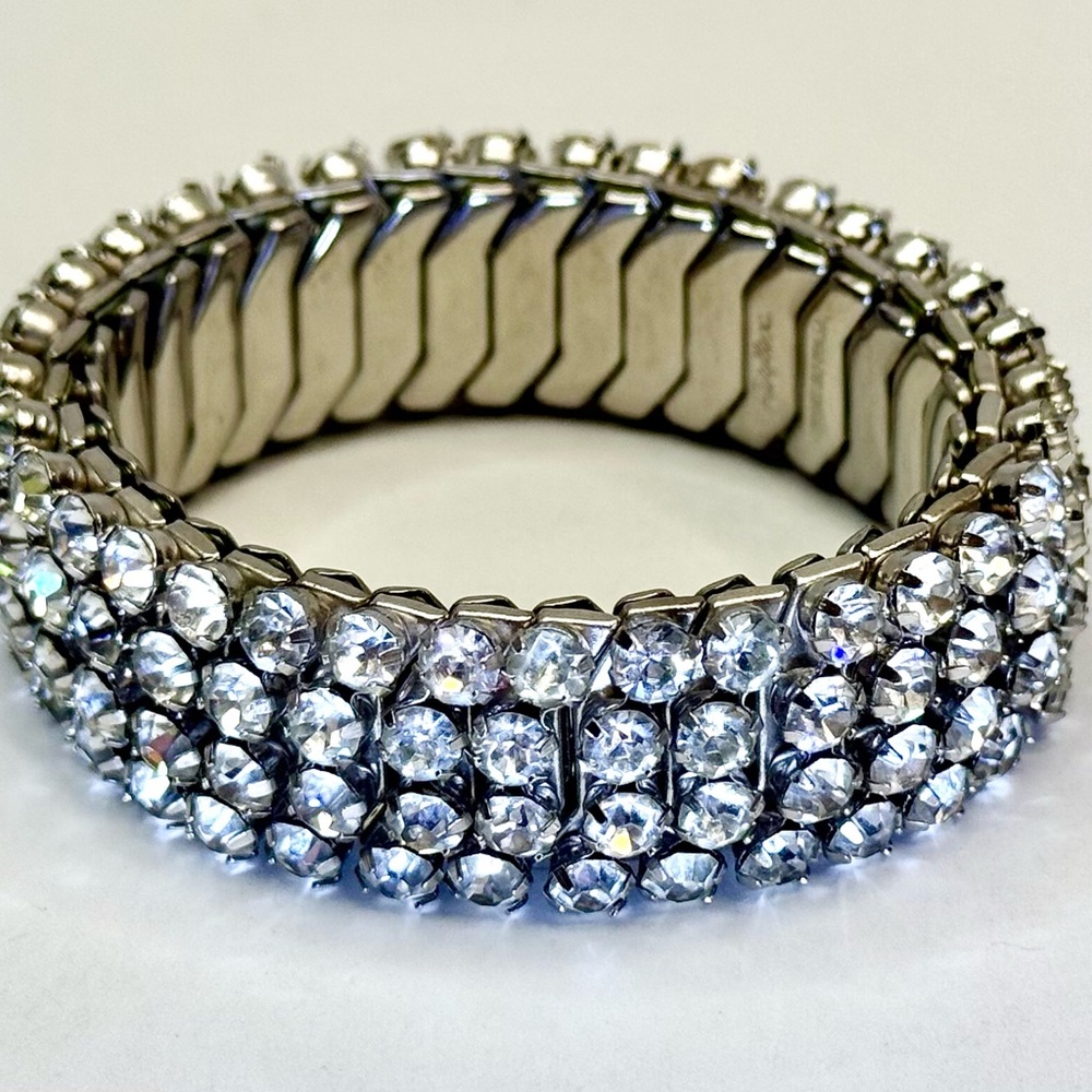 Vintage Antique Stretch Crystal Bracelet Silver Tone - Four Rows of Stones